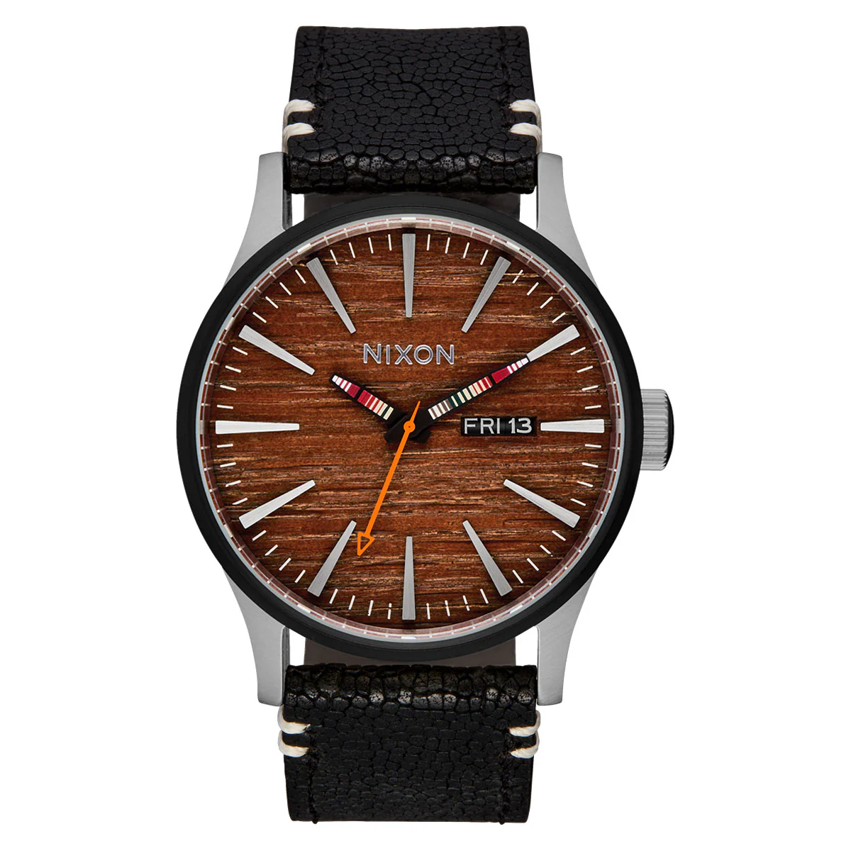 Nixon Sentry Leather Watch - Silver/Rosewood/Black